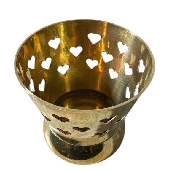 Vintage Solid Brass Votive Candle Holder with Heart Cut Outs Handmade in India - Picture 2 of 3